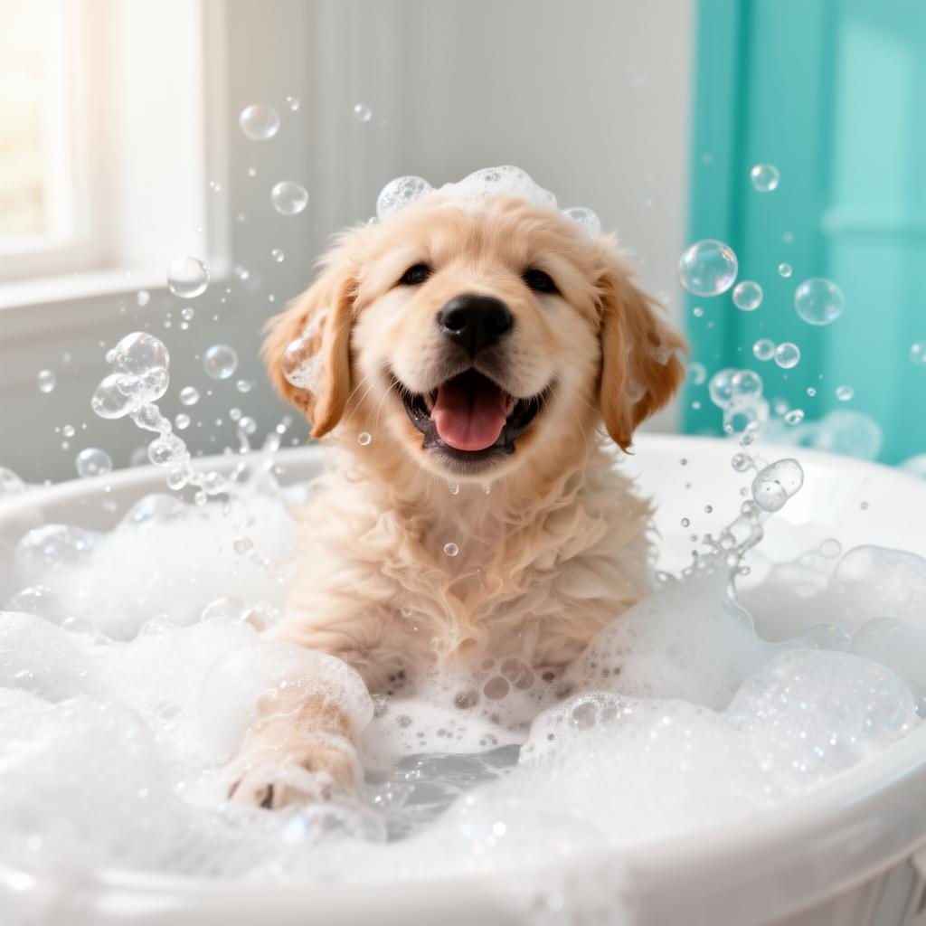Happy puppy in a bubble bath